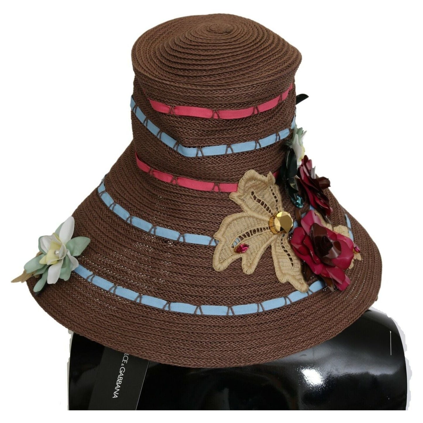 Dolce & Gabbana Brown Knitted Straw Floral Hat 1728,57 cm|S,59 cm|L,67345645728,Accessories,Brown,Dolce & Gabbana,Hat - Women - Accessories,Hats - Accessories,Material: 95% Cellulose 3% Polyester 2% Acrylic,New with tags,Sunhats - Hats - Accessories,Women