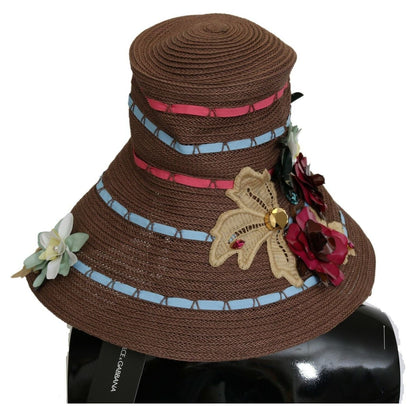 Dolce & Gabbana Brown Knitted Straw Floral Hat 1728,57 cm|S,59 cm|L,67345645728,Accessories,Brown,Dolce & Gabbana,Hat - Women - Accessories,Hats - Accessories,Material: 95% Cellulose 3% Polyester 2% Acrylic,New with tags,Sunhats - Hats - Accessories,Women