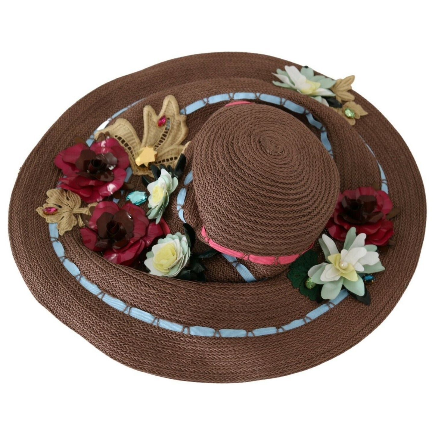 Dolce & Gabbana Brown Knitted Straw Floral Hat 1728,57 cm|S,59 cm|L,67345645728,Accessories,Brown,Dolce & Gabbana,Hat - Women - Accessories,Hats - Accessories,Material: 95% Cellulose 3% Polyester 2% Acrylic,New with tags,Sunhats - Hats - Accessories,Women