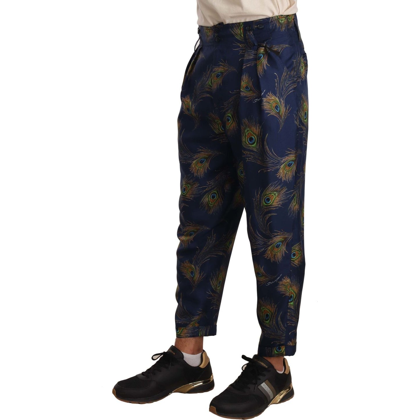 Dolce & Gabbana Exquisite Peacock Print Silk Trousers MAN TROUSERS Dolce & Gabbana