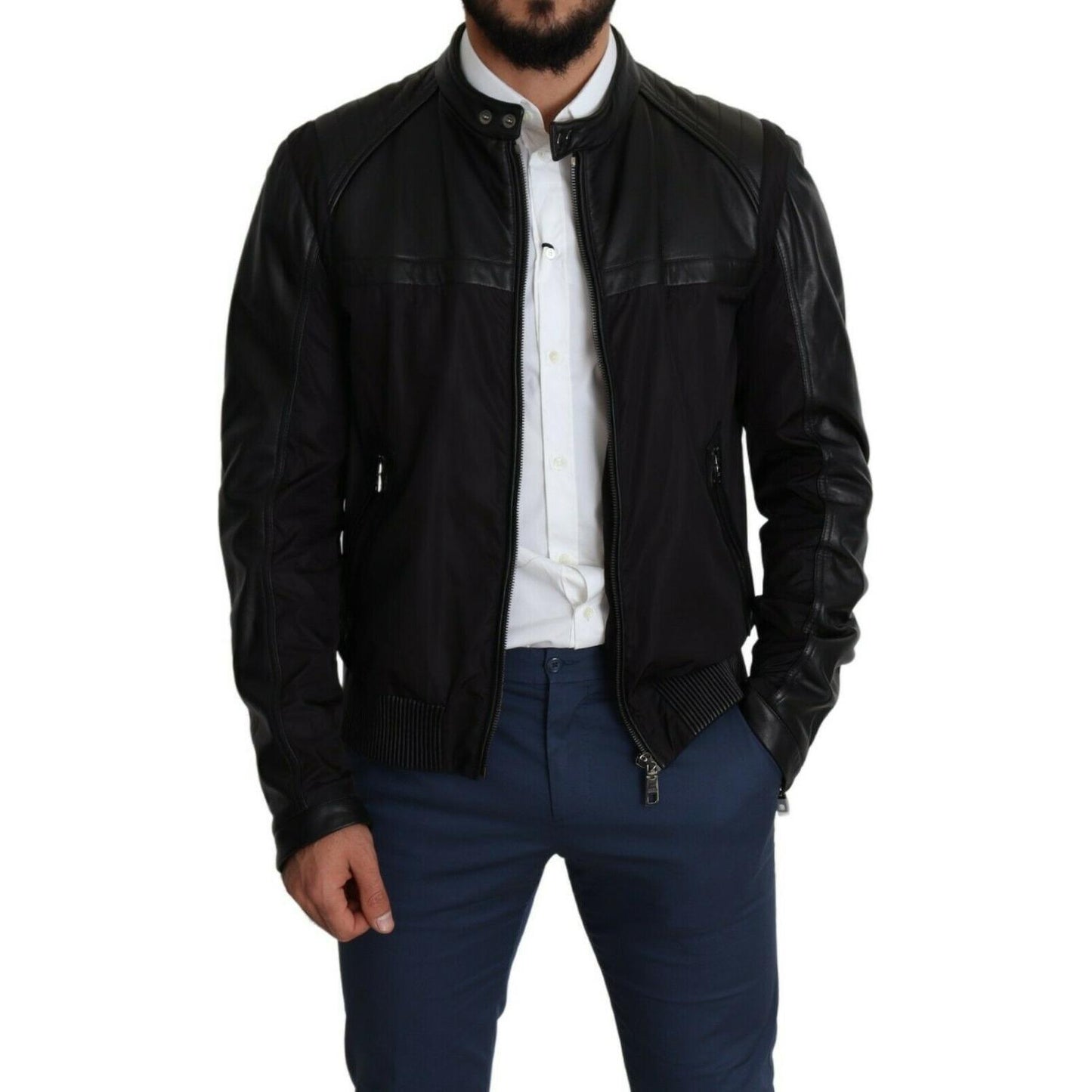 Dolce & Gabbana Elegant Black Bomber with Leather Accents MAN COATS & JACKETS Dolce & Gabbana