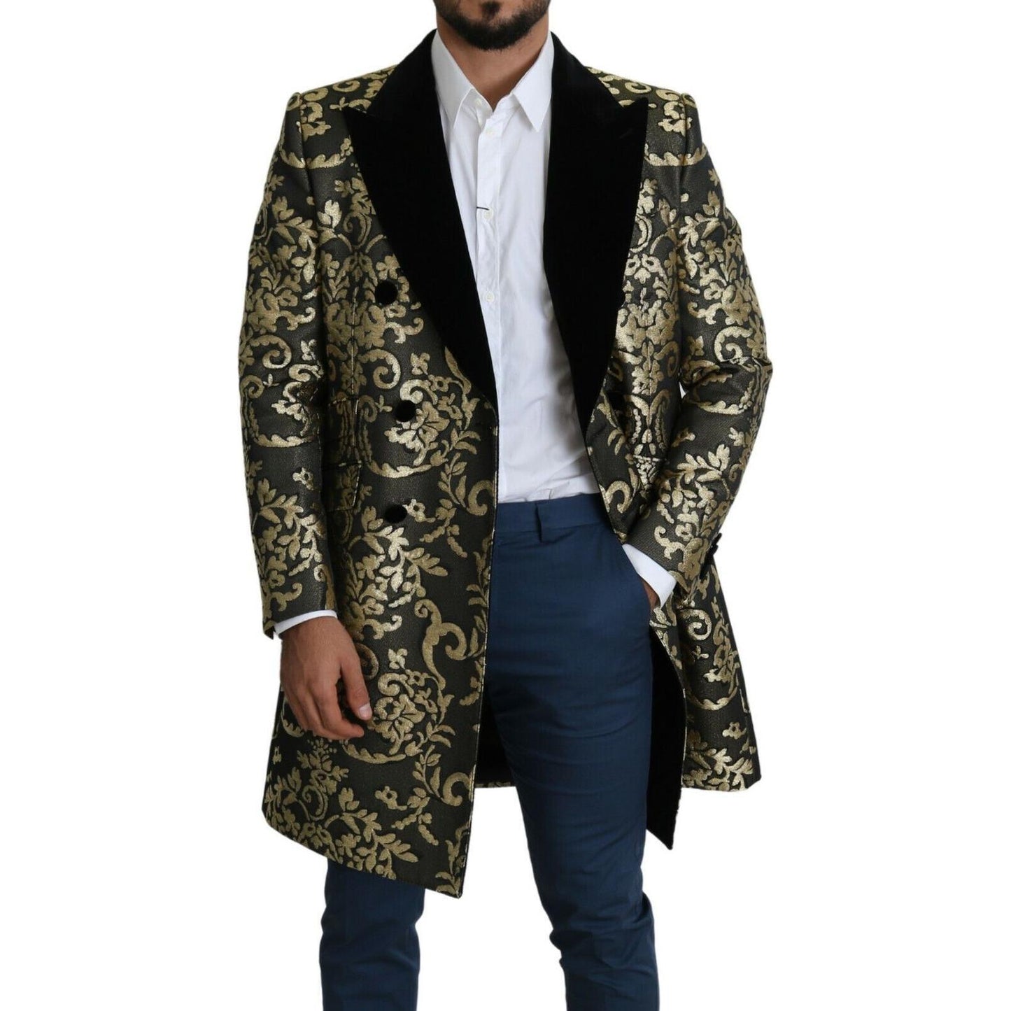 Dolce & Gabbana Gold Black Sicilia Jacquard Double-Breasted Coat Dolce & Gabbana