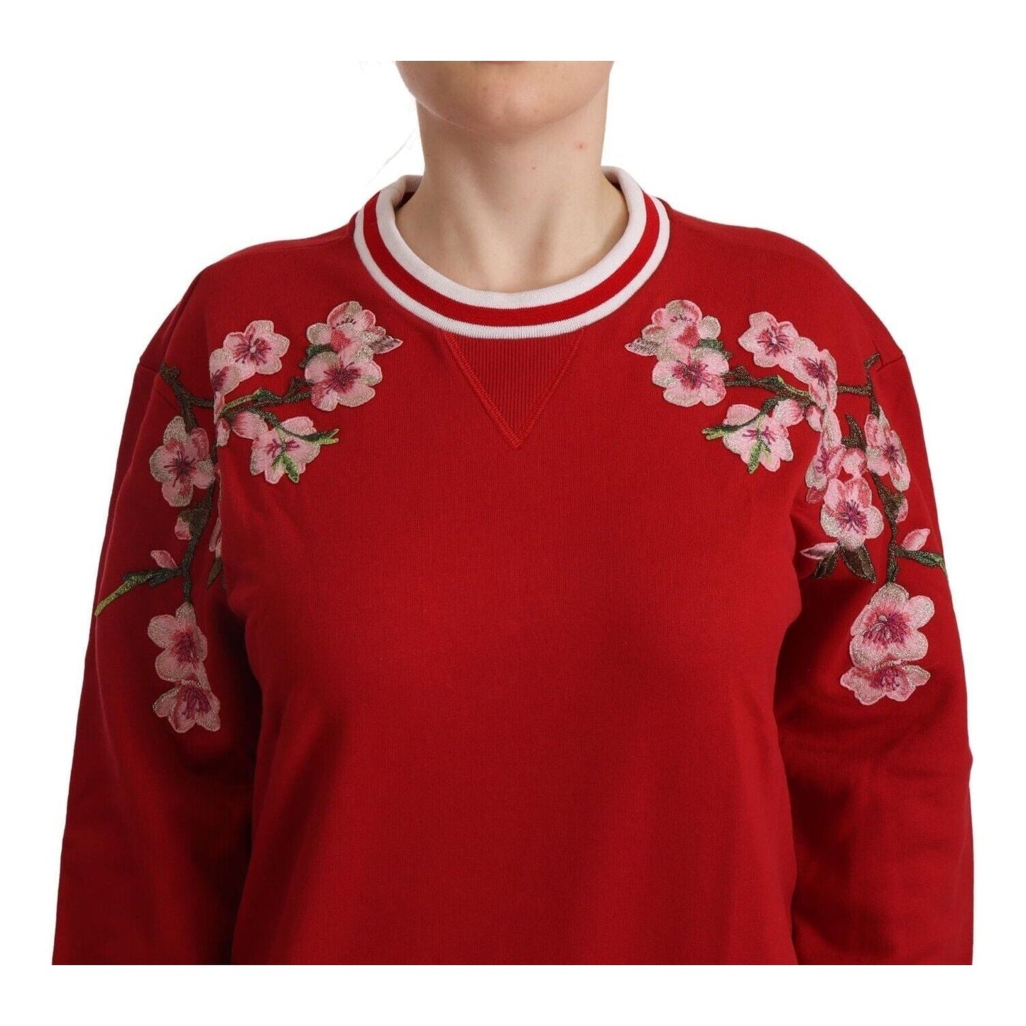 Dolce & Gabbana Elegant Red Crewneck Pullover with Floral Motif WOMAN SWEATERS Dolce & Gabbana