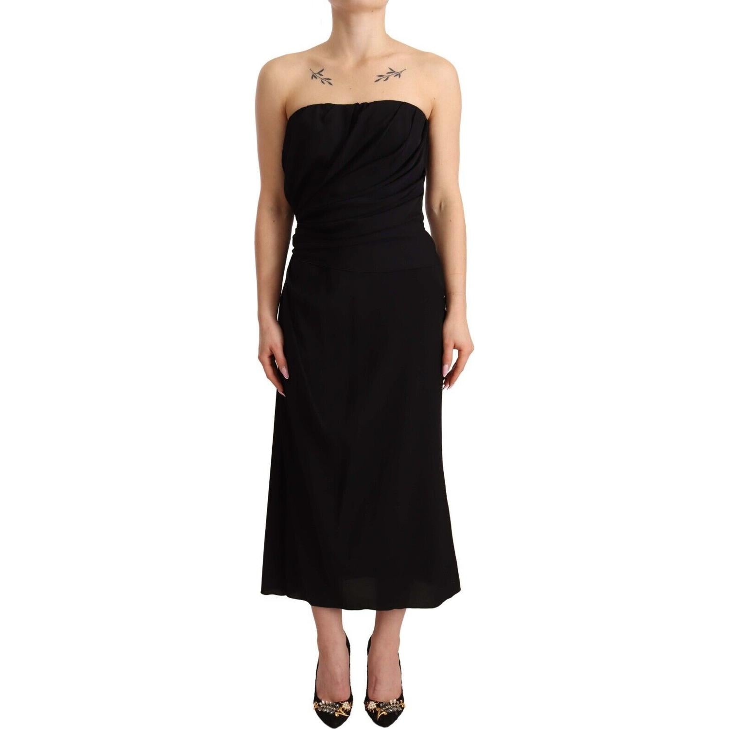 Dolce & Gabbana Black Silk Stretch Strapless Sheath Midi Dress