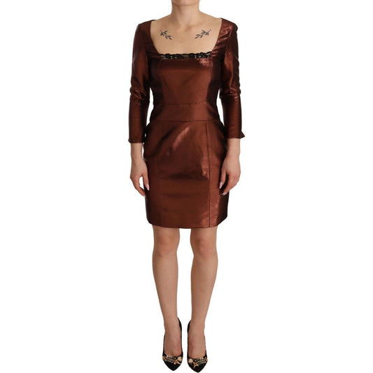 GF Ferre Metallic Brown Long Sleeves Square Neck Sheath Dress 1728,67345645728,Bronze,Clothing,Dresses - Clothing,Dresses - Women - Clothing,GF Ferre,IT40|S,Longsleeve - Dresses - Clothing,New with tags,Short - Dresses - Clothing,Women,Women - Clothing