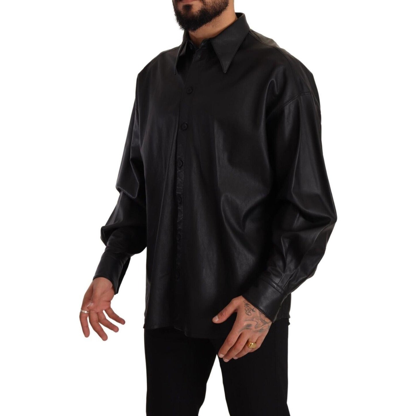 Dolce & Gabbana Black Leather Button Down Men Collared Jacket Dolce & Gabbana