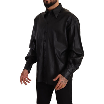 Dolce & Gabbana Black Leather Button Down Men Collared Jacket Dolce & Gabbana