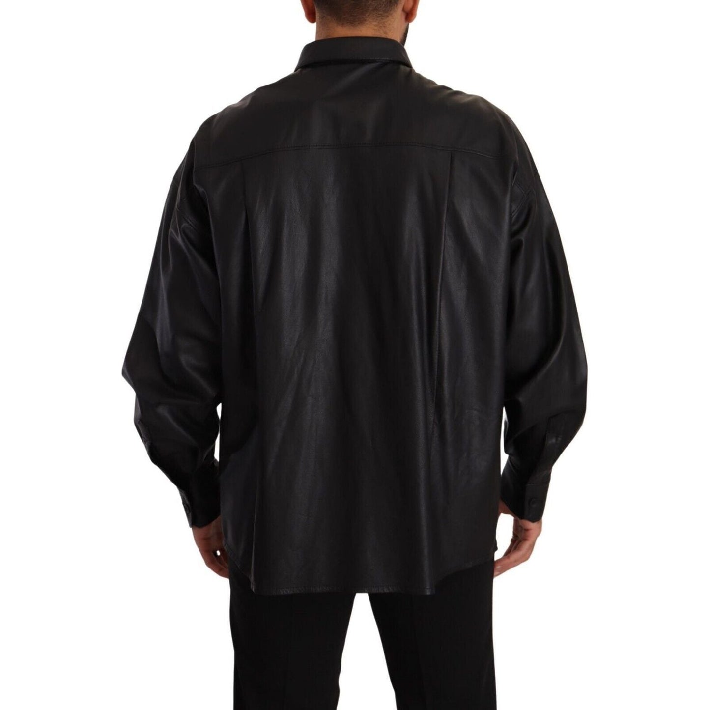 Dolce & Gabbana Black Leather Button Down Men Collared Jacket Dolce & Gabbana