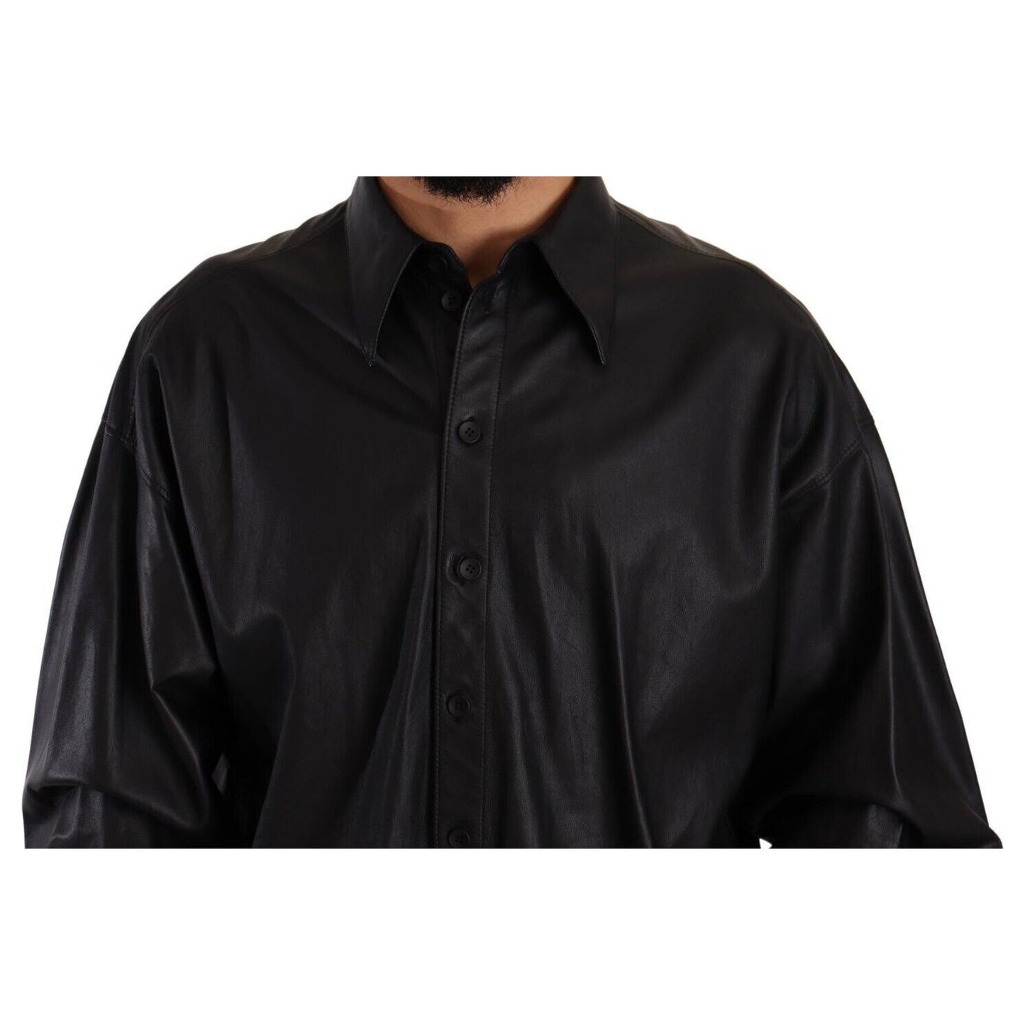 Dolce & Gabbana Black Leather Button Down Men Collared Jacket Dolce & Gabbana