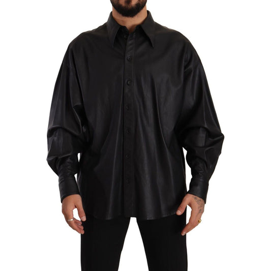 Dolce & Gabbana Black Leather Button Down Men Collared Jacket Dolce & Gabbana