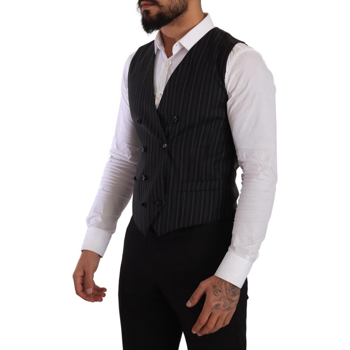 Dolce & Gabbana Gray Striped Double Breasted Waistcoat Vest 13% Nylon,14% Viscose,1728,26% Polyester,5% Elastane,67345645728,Black and Gray,Clothing,Dolce & Gabbana,IT48 | M,Material: 42% Virgin Wool,Men,Men - Clothing,New with tags,Suits & Blazers - Clot