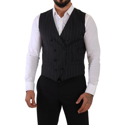 Dolce & Gabbana Gray Striped Double Breasted Waistcoat Vest 13% Nylon,14% Viscose,1728,26% Polyester,5% Elastane,67345645728,Black and Gray,Clothing,Dolce & Gabbana,IT48 | M,Material: 42% Virgin Wool,Men,Men - Clothing,New with tags,Suits & Blazers - Clot