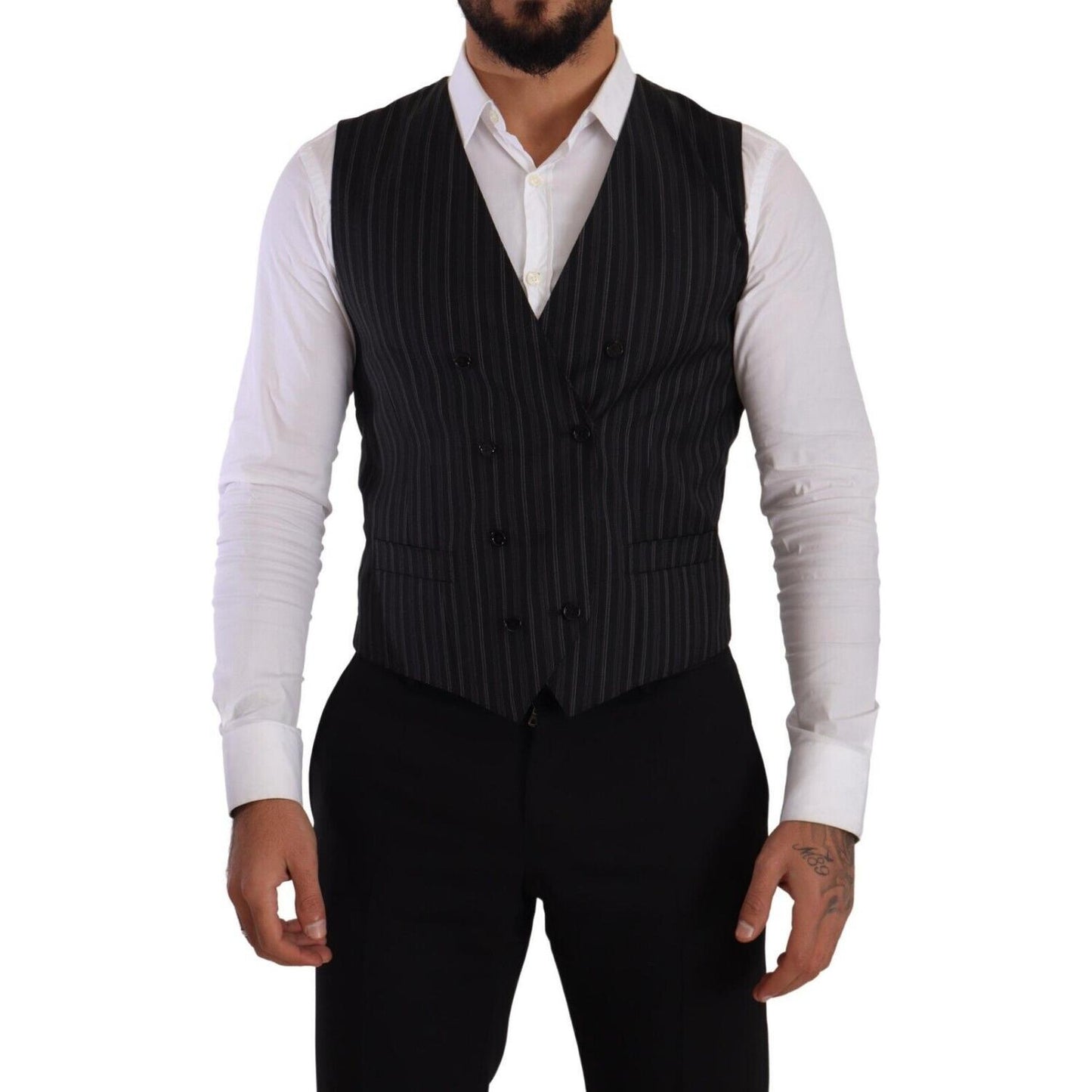 Dolce & Gabbana Gray Striped Double Breasted Waistcoat Vest 13% Nylon,14% Viscose,1728,26% Polyester,5% Elastane,67345645728,Black and Gray,Clothing,Dolce & Gabbana,IT48 | M,Material: 42% Virgin Wool,Men,Men - Clothing,New with tags,Suits & Blazers - Clot