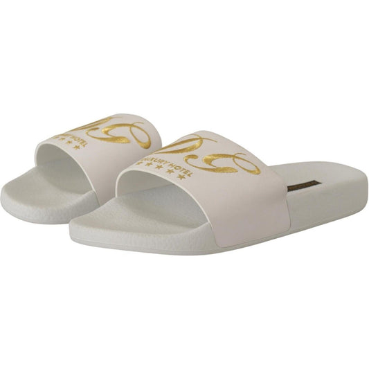 Dolce & Gabbana Chic White Leather Slides with Gold Embroidery Dolce & Gabbana