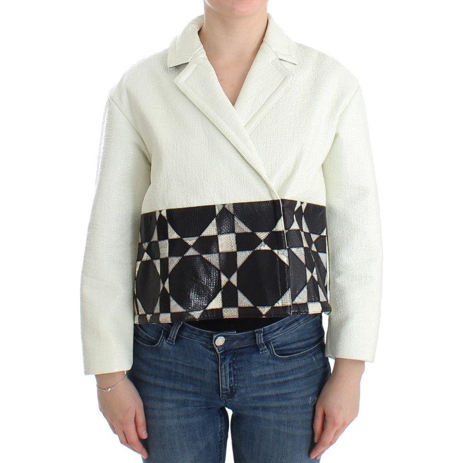 Andrea Pompilio White Black Cropped Leather Jacket 1728,67345645728,Andrea Pompilio,Black/White,Clothing,IT40|S,Jackets & Coats - Clothing,Jackets & Coats - Women - Clothing,Leather Jackets - Jackets & Coats - Clothing,Material: 100% Leather,New with tags