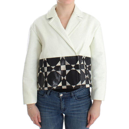 Andrea Pompilio White Black Cropped Leather Jacket 1728,67345645728,Andrea Pompilio,Black/White,Clothing,IT40|S,Jackets & Coats - Clothing,Jackets & Coats - Women - Clothing,Leather Jackets - Jackets & Coats - Clothing,Material: 100% Leather,New with tags