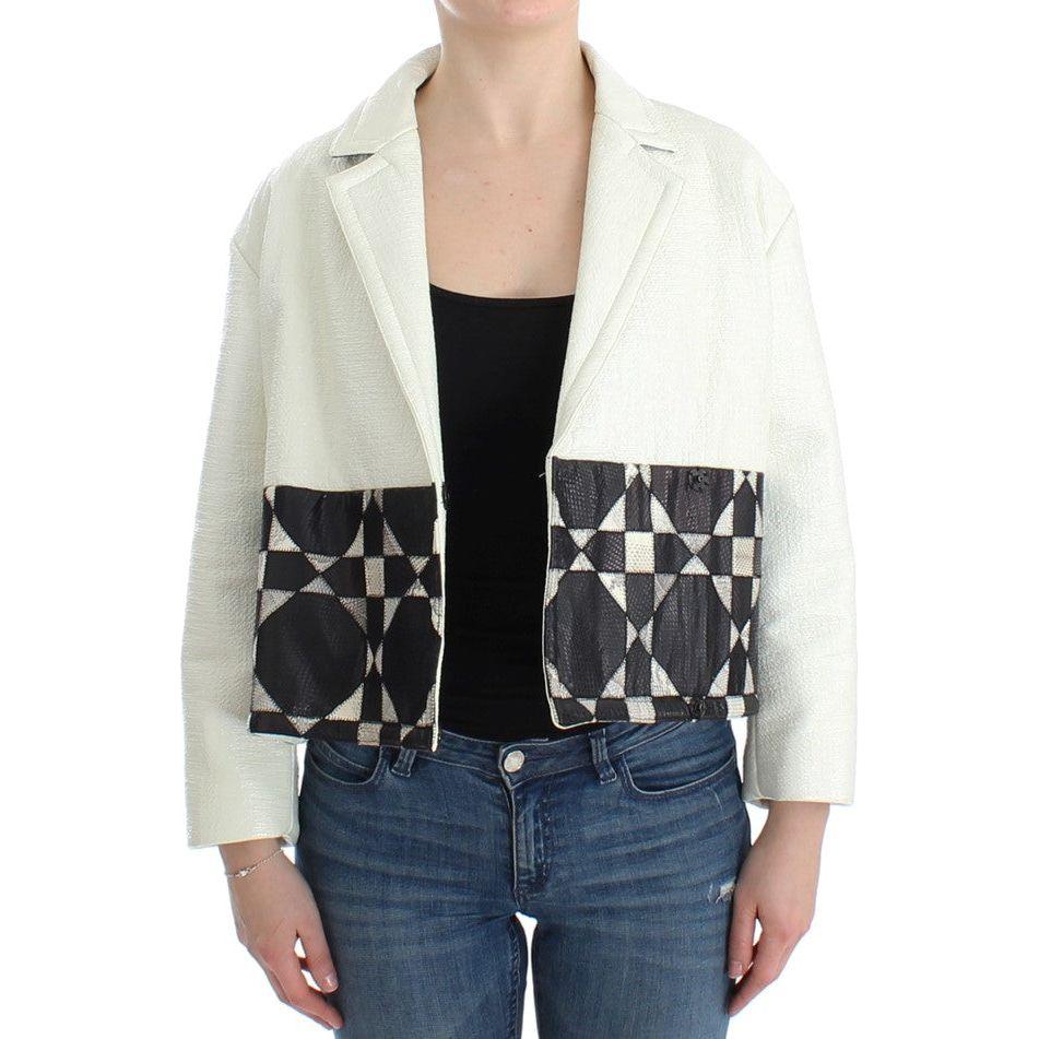 Andrea Pompilio White Black Cropped Leather Jacket 1728,67345645728,Andrea Pompilio,Black/White,Clothing,IT40|S,Jackets & Coats - Clothing,Jackets & Coats - Women - Clothing,Leather Jackets - Jackets & Coats - Clothing,Material: 100% Leather,New with tags