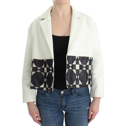 Andrea Pompilio White Black Cropped Leather Jacket 1728,67345645728,Andrea Pompilio,Black/White,Clothing,IT40|S,Jackets & Coats - Clothing,Jackets & Coats - Women - Clothing,Leather Jackets - Jackets & Coats - Clothing,Material: 100% Leather,New with tags
