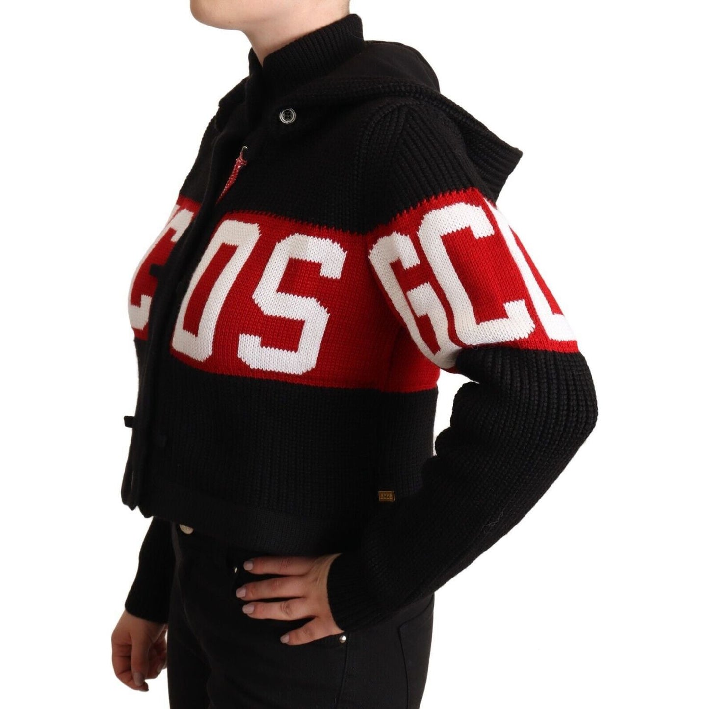 GCDS Black Cashmere Hooded Button Down Logo Cardigan Jacket 1728,67345645728,Black,Bombers - Jackets & Coats - Clothing,Cardigans - Sweaters - Clothing,Cardigans - Women - Clothing,Cashmere - Sweaters - Clothing,Clothing,GCDS,IT40|S,Jackets & Coats - Clot
