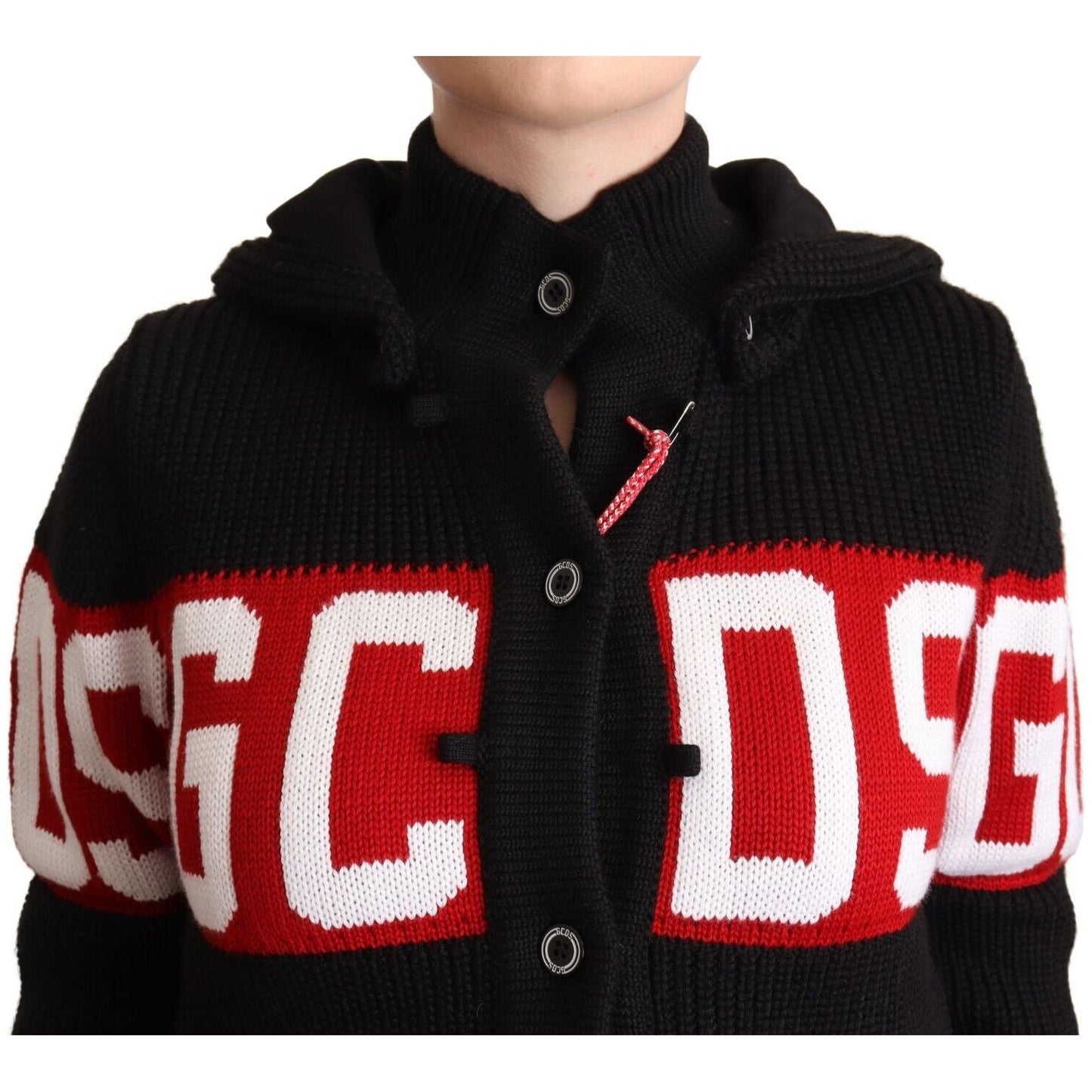 GCDS Black Cashmere Hooded Button Down Logo Cardigan Jacket 1728,67345645728,Black,Bombers - Jackets & Coats - Clothing,Cardigans - Sweaters - Clothing,Cardigans - Women - Clothing,Cashmere - Sweaters - Clothing,Clothing,GCDS,IT40|S,Jackets & Coats - Clot