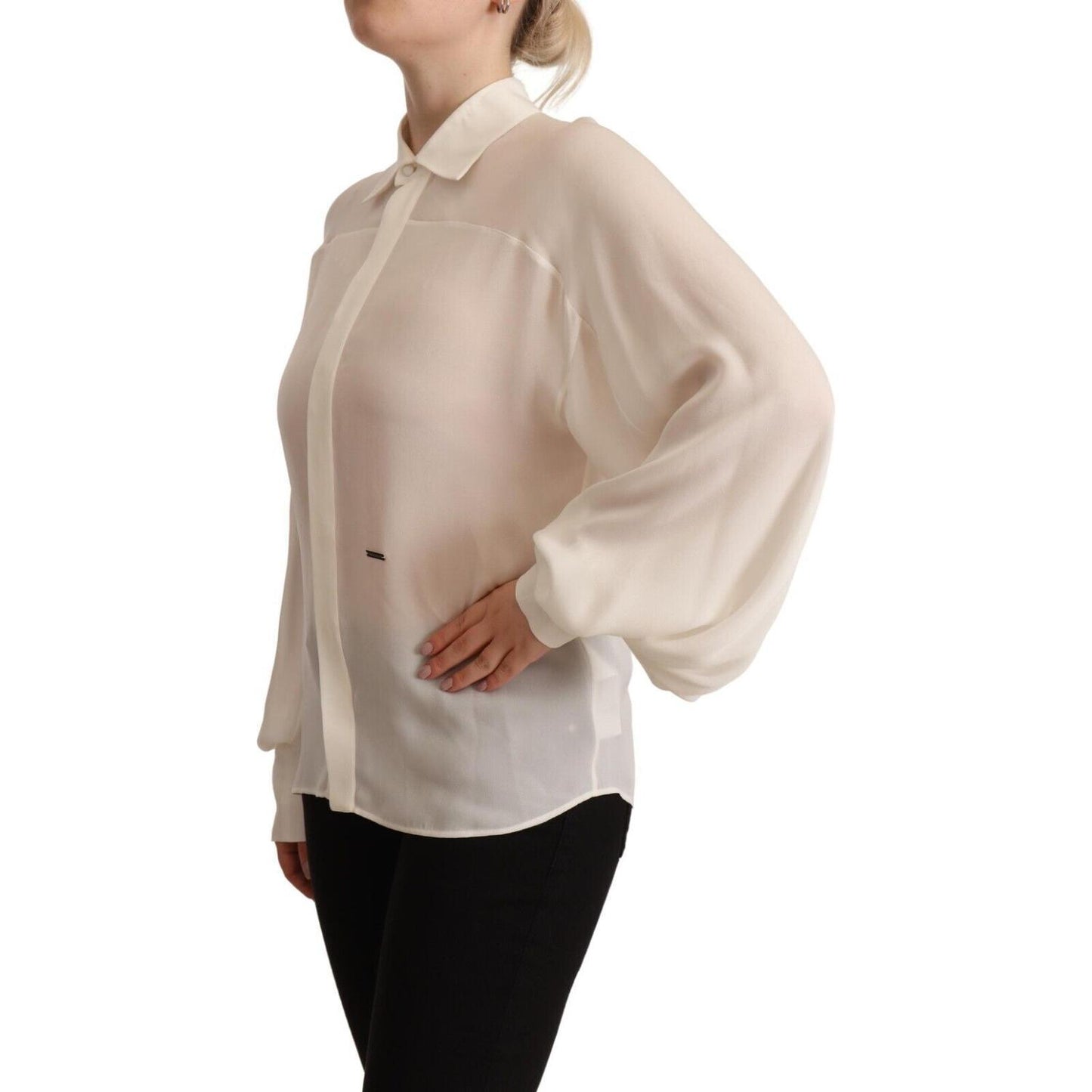 Dsquared² Off White Silk Long Sleeves Collared Blouse Top