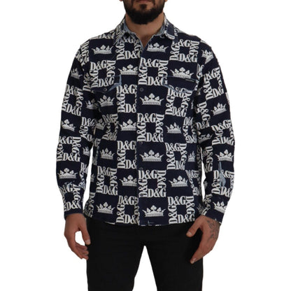 Dolce & Gabbana Blue Denim Stretch DG Crown Logo Casual Shirt