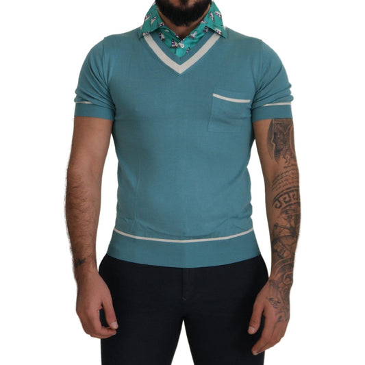 Dolce & Gabbana Blue Silk Polo Top Mens V-neck T-shirt 1728,67345645728,Blue,Clothing,Dolce & Gabbana,IT46 | S,IT48 | M,IT50 | L,IT52 | L,Material: 100% Silk,Men,Men - Clothing,New with tags,Polo Shirts - T-Shirts - Clothing,T-Shirts - Clothing,T-Shirts -