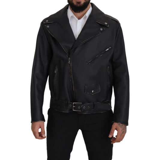 Dolce & Gabbana Black Leather Biker Coat Zipper Jacket 1728,67345645728,Biker Jackets - Jackets & Coats - Clothing,Black,Clothing,Dolce & Gabbana,IT46 | S,Jackets & Coats - Clothing,Jackets - Men - Clothing,Leather Jackets - Jackets & Coats - Clothing,Mat