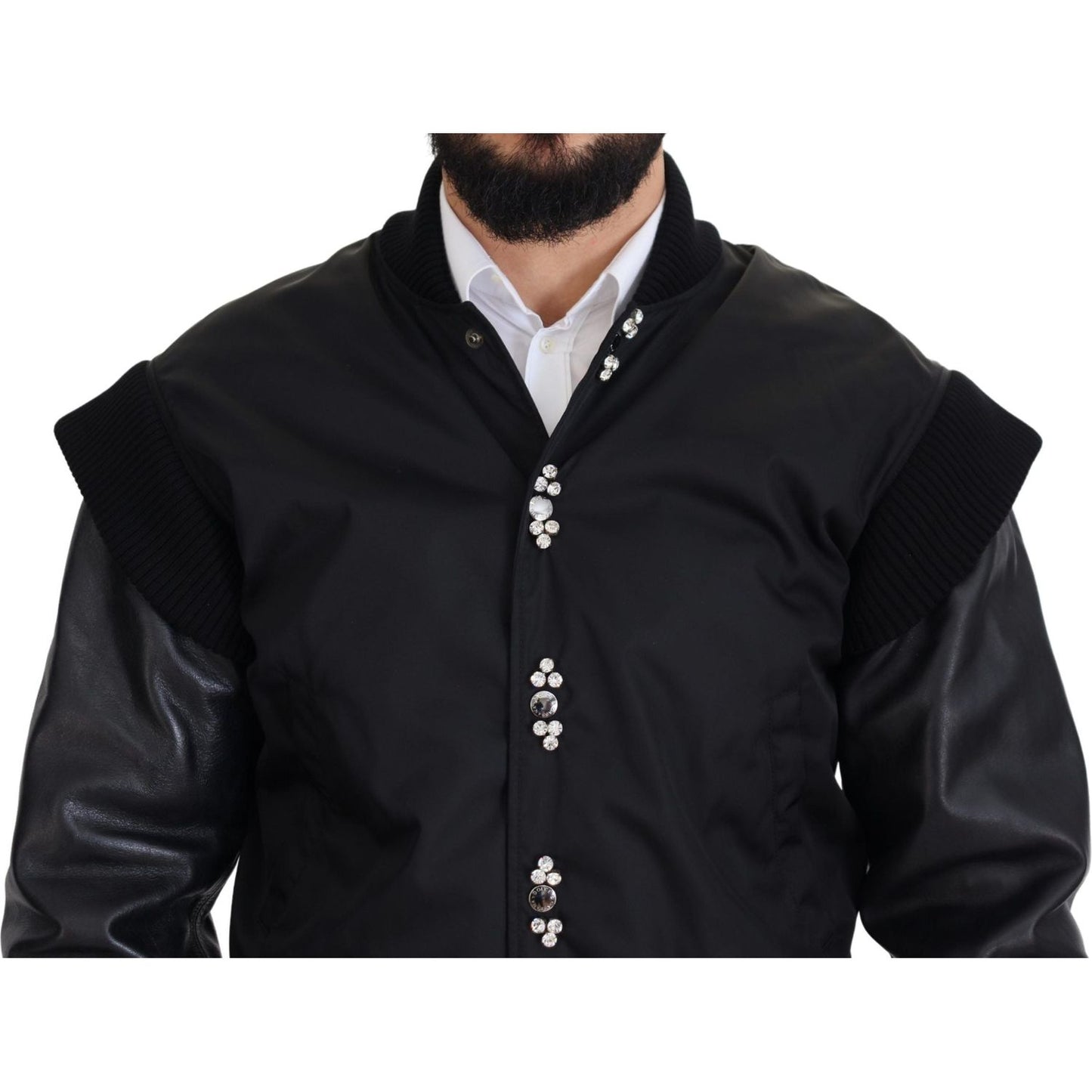 Dolce & Gabbana Black Nylon Crystals Coat Buttons Jacket 10% Leather,1728,67345645728,Black,Bombers - Jackets & Coats - Clothing,Clothing,Dolce & Gabbana,IT46 | S,Jackets & Coats - Clothing,Jackets - Men - Clothing,Material: 90% Nylon,Men,Men - Clothing,N