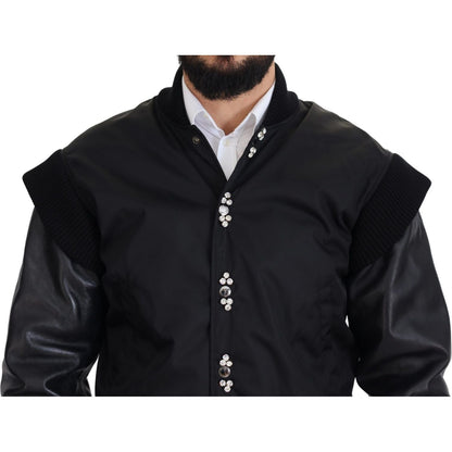 Dolce & Gabbana Black Nylon Crystals Coat Buttons Jacket 10% Leather,1728,67345645728,Black,Bombers - Jackets & Coats - Clothing,Clothing,Dolce & Gabbana,IT46 | S,Jackets & Coats - Clothing,Jackets - Men - Clothing,Material: 90% Nylon,Men,Men - Clothing,N