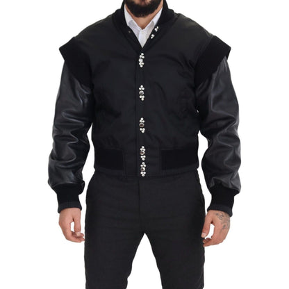 Dolce & Gabbana Black Nylon Crystals Coat Buttons Jacket 10% Leather,1728,67345645728,Black,Bombers - Jackets & Coats - Clothing,Clothing,Dolce & Gabbana,IT46 | S,Jackets & Coats - Clothing,Jackets - Men - Clothing,Material: 90% Nylon,Men,Men - Clothing,N