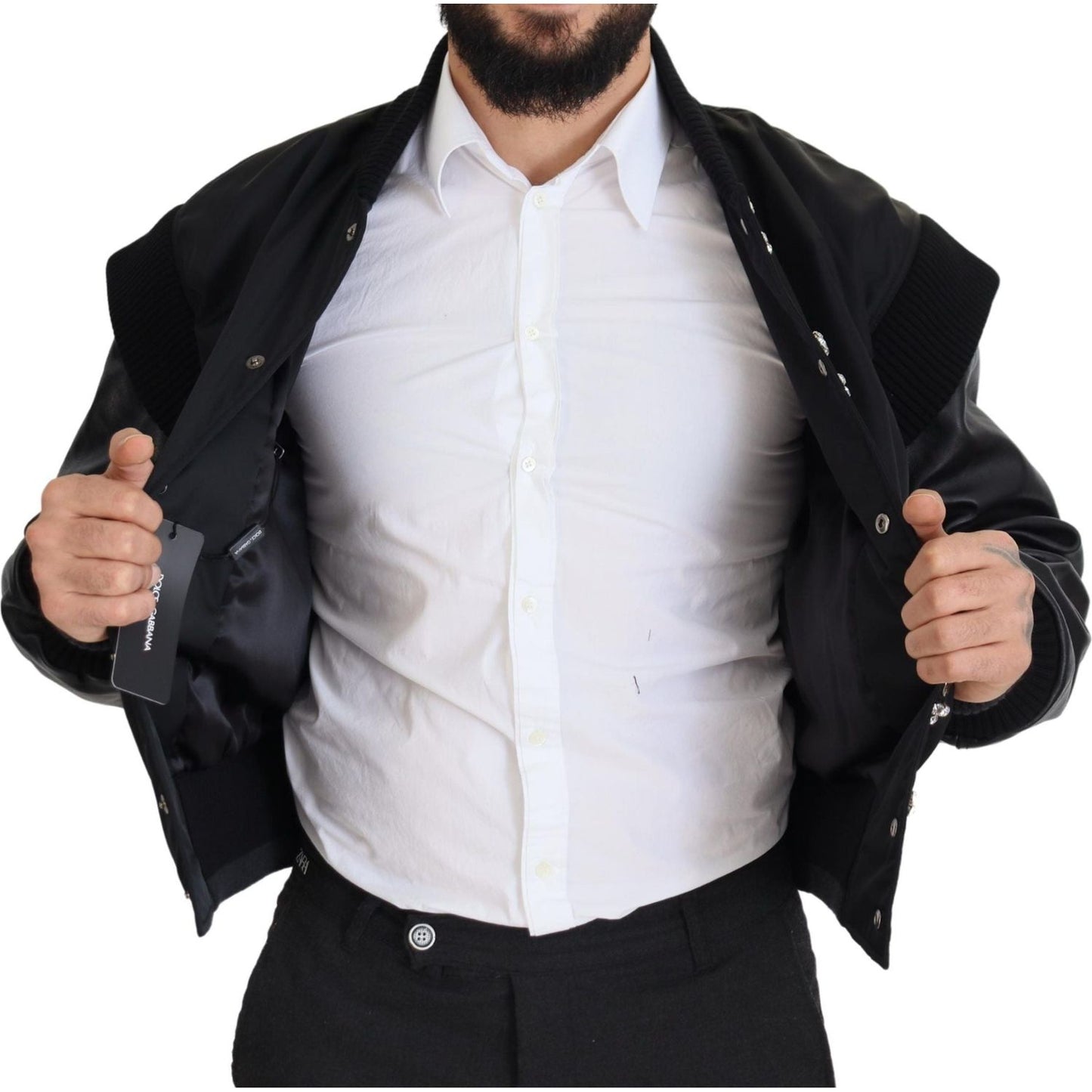 Dolce & Gabbana Black Nylon Crystals Coat Buttons Jacket 10% Leather,1728,67345645728,Black,Bombers - Jackets & Coats - Clothing,Clothing,Dolce & Gabbana,IT46 | S,Jackets & Coats - Clothing,Jackets - Men - Clothing,Material: 90% Nylon,Men,Men - Clothing,N