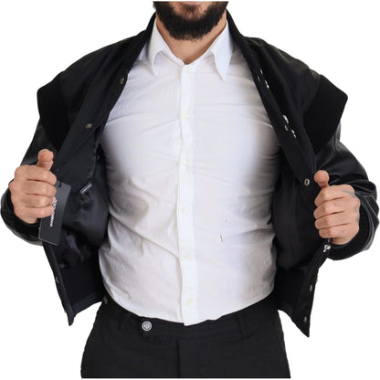 Dolce & Gabbana Black Nylon Crystals Coat Buttons Jacket 10% Leather,1728,67345645728,Black,Bombers - Jackets & Coats - Clothing,Clothing,Dolce & Gabbana,IT46 | S,Jackets & Coats - Clothing,Jackets - Men - Clothing,Material: 90% Nylon,Men,Men - Clothing,N