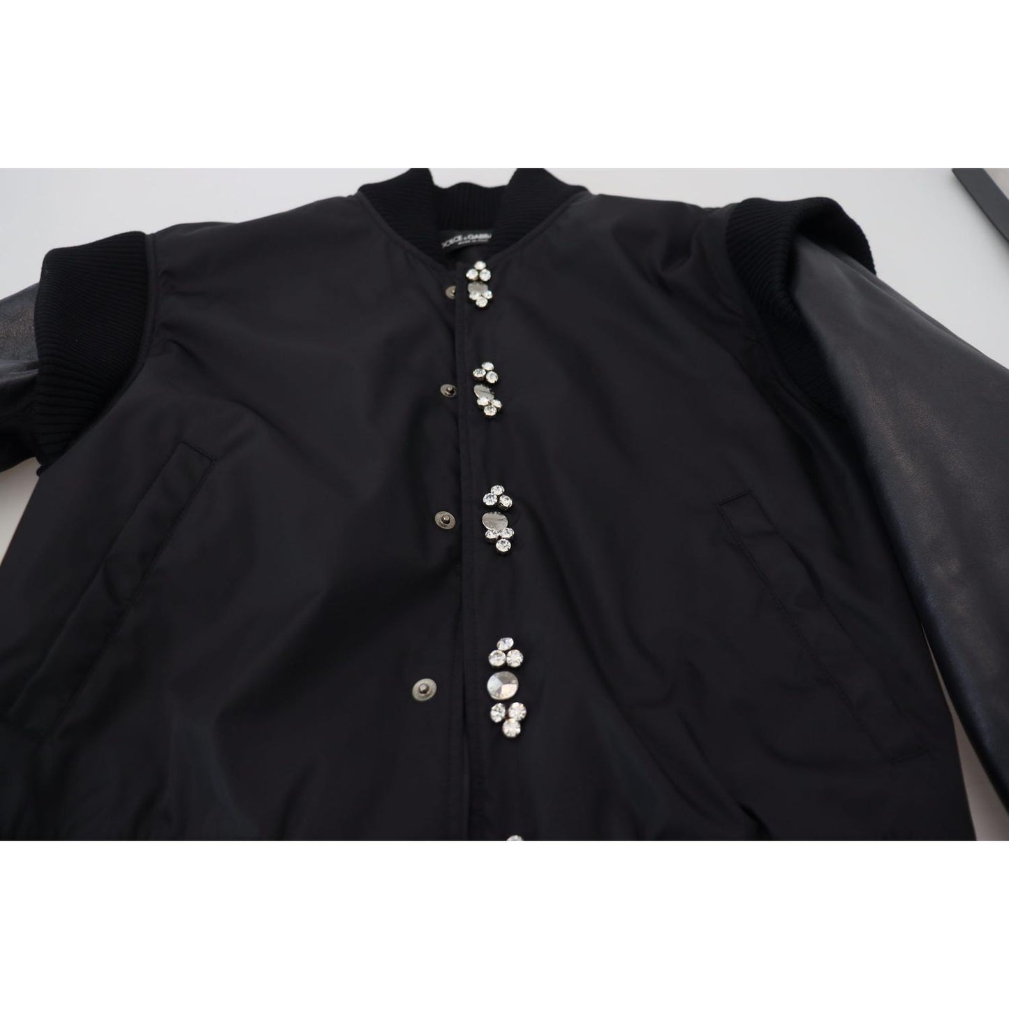 Dolce & Gabbana Black Nylon Crystals Coat Buttons Jacket 10% Leather,1728,67345645728,Black,Bombers - Jackets & Coats - Clothing,Clothing,Dolce & Gabbana,IT46 | S,Jackets & Coats - Clothing,Jackets - Men - Clothing,Material: 90% Nylon,Men,Men - Clothing,N