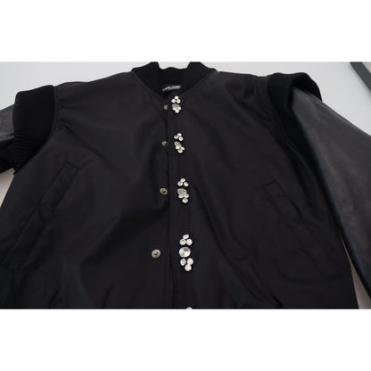 Dolce & Gabbana Black Nylon Crystals Coat Buttons Jacket 10% Leather,1728,67345645728,Black,Bombers - Jackets & Coats - Clothing,Clothing,Dolce & Gabbana,IT46 | S,Jackets & Coats - Clothing,Jackets - Men - Clothing,Material: 90% Nylon,Men,Men - Clothing,N