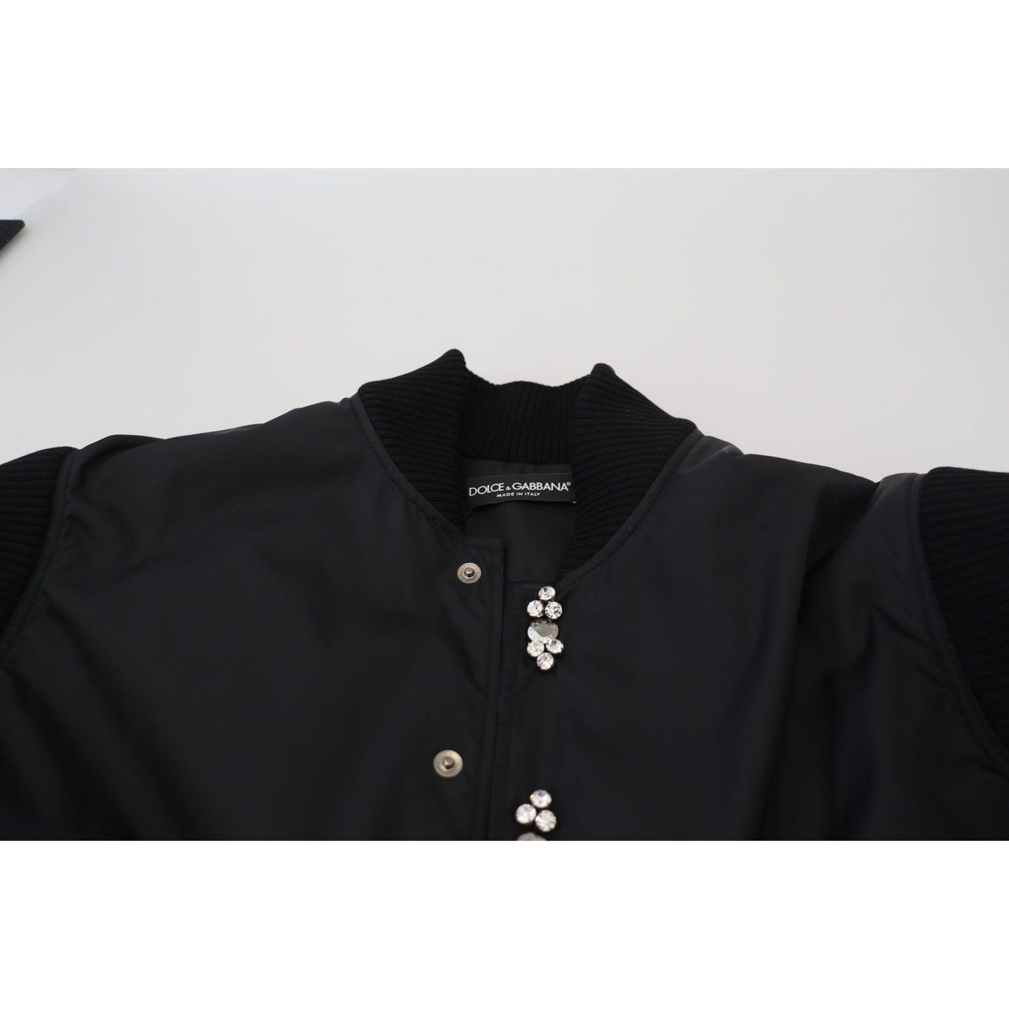 Dolce & Gabbana Black Nylon Crystals Coat Buttons Jacket 10% Leather,1728,67345645728,Black,Bombers - Jackets & Coats - Clothing,Clothing,Dolce & Gabbana,IT46 | S,Jackets & Coats - Clothing,Jackets - Men - Clothing,Material: 90% Nylon,Men,Men - Clothing,N
