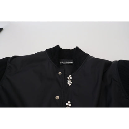 Dolce & Gabbana Black Nylon Crystals Coat Buttons Jacket 10% Leather,1728,67345645728,Black,Bombers - Jackets & Coats - Clothing,Clothing,Dolce & Gabbana,IT46 | S,Jackets & Coats - Clothing,Jackets - Men - Clothing,Material: 90% Nylon,Men,Men - Clothing,N