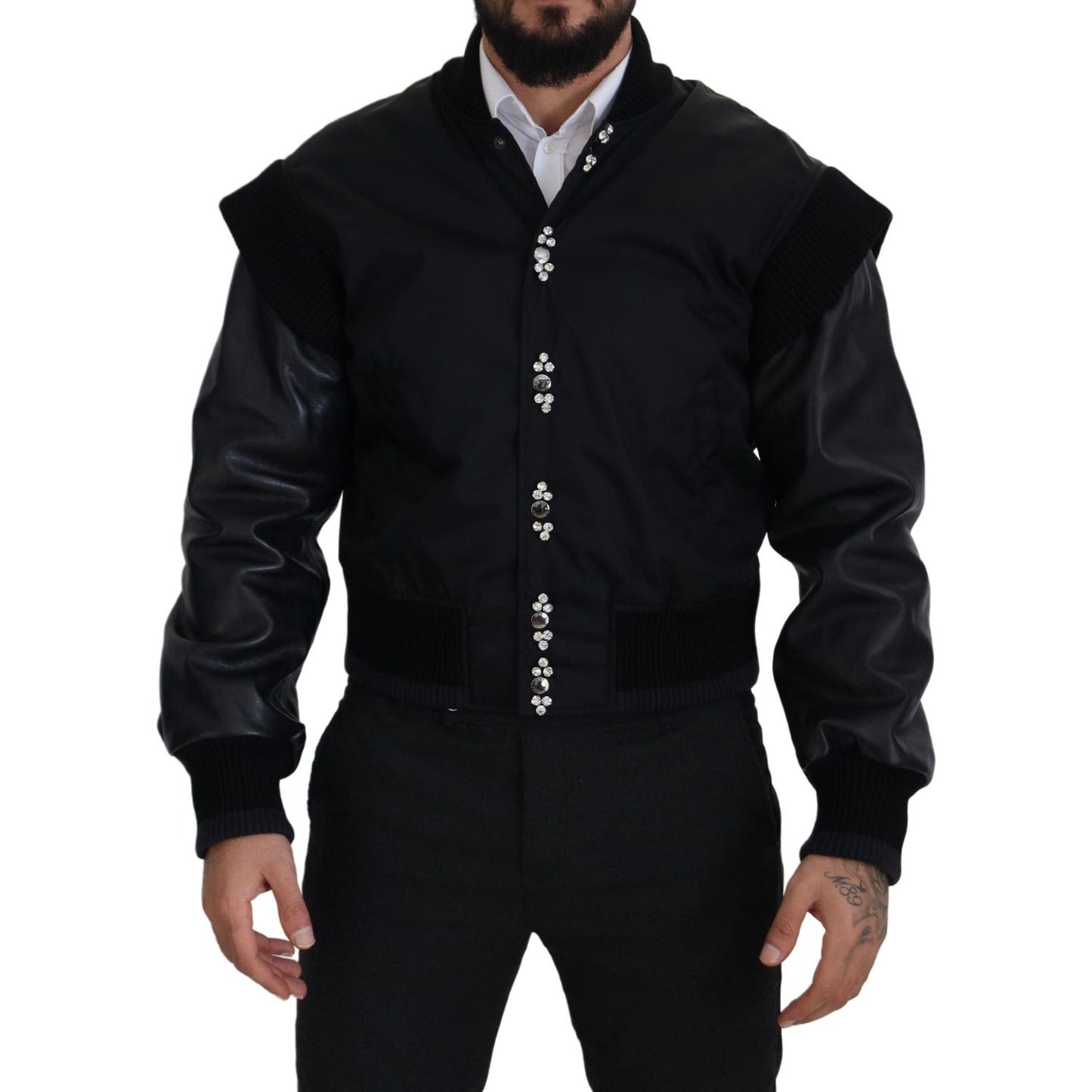 Dolce & Gabbana Black Nylon Crystals Coat Buttons Jacket 10% Leather,1728,67345645728,Black,Bombers - Jackets & Coats - Clothing,Clothing,Dolce & Gabbana,IT46 | S,Jackets & Coats - Clothing,Jackets - Men - Clothing,Material: 90% Nylon,Men,Men - Clothing,N