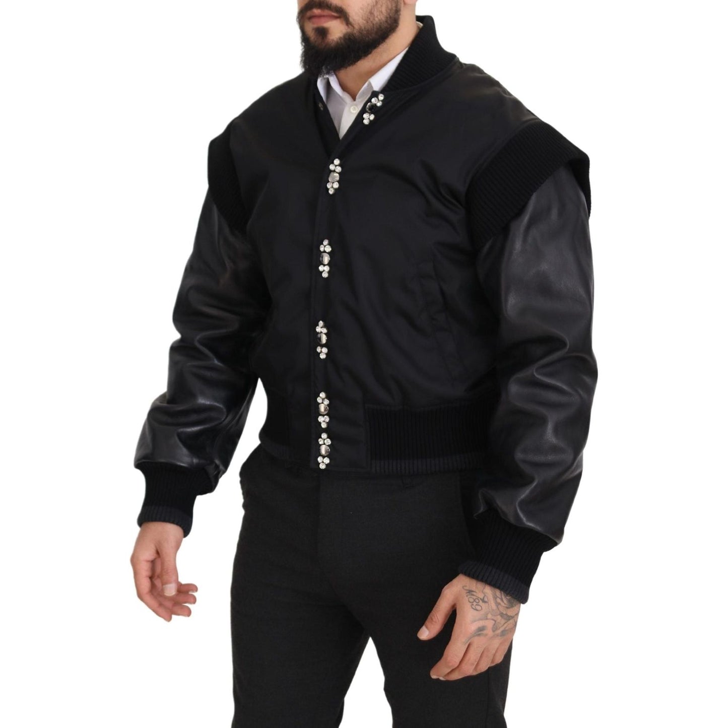 Dolce & Gabbana Black Nylon Crystals Coat Buttons Jacket 10% Leather,1728,67345645728,Black,Bombers - Jackets & Coats - Clothing,Clothing,Dolce & Gabbana,IT46 | S,Jackets & Coats - Clothing,Jackets - Men - Clothing,Material: 90% Nylon,Men,Men - Clothing,N