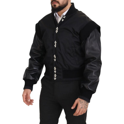 Dolce & Gabbana Black Nylon Crystals Coat Buttons Jacket 10% Leather,1728,67345645728,Black,Bombers - Jackets & Coats - Clothing,Clothing,Dolce & Gabbana,IT46 | S,Jackets & Coats - Clothing,Jackets - Men - Clothing,Material: 90% Nylon,Men,Men - Clothing,N