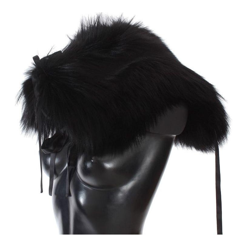 Dolce & Gabbana Elegant Black Fox Fur Silk Shoulder Wrap Fur Wrap Scarves Dolce & Gabbana