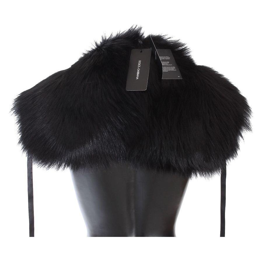 Dolce & Gabbana Elegant Black Fox Fur Silk Shoulder Wrap Fur Wrap Scarves Dolce & Gabbana