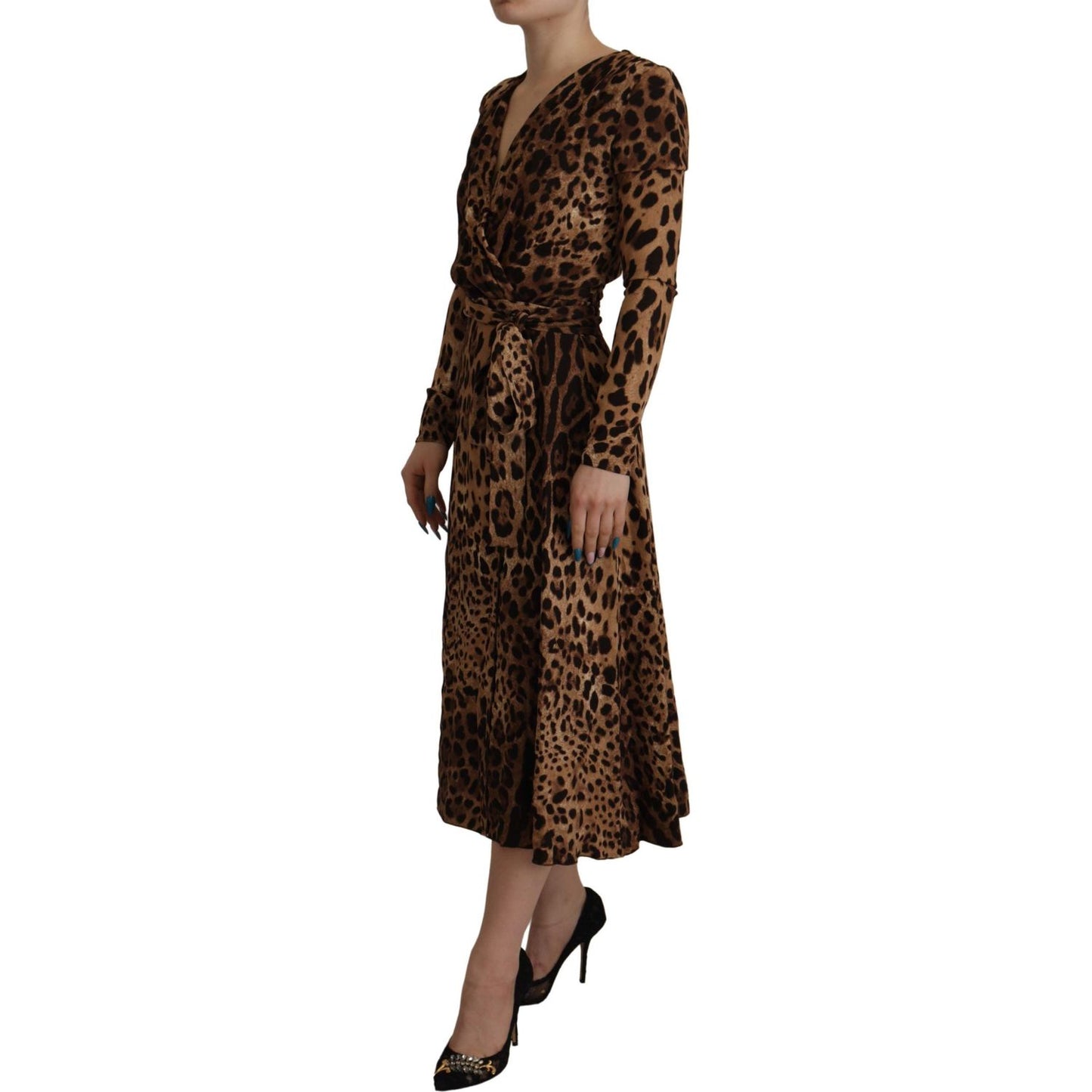 Dolce & Gabbana Brown Leopard Wrap A-line Maxi Viscose Dress 1728,5% Elastane,67345645728,Brown,Clothing,Dolce & Gabbana,Dresses - Clothing,Dresses - Women - Clothing,IT36|XXS,Longsleeve - Dresses - Clothing,Material: 95% Viscose,Midi - Dresses - Clothing