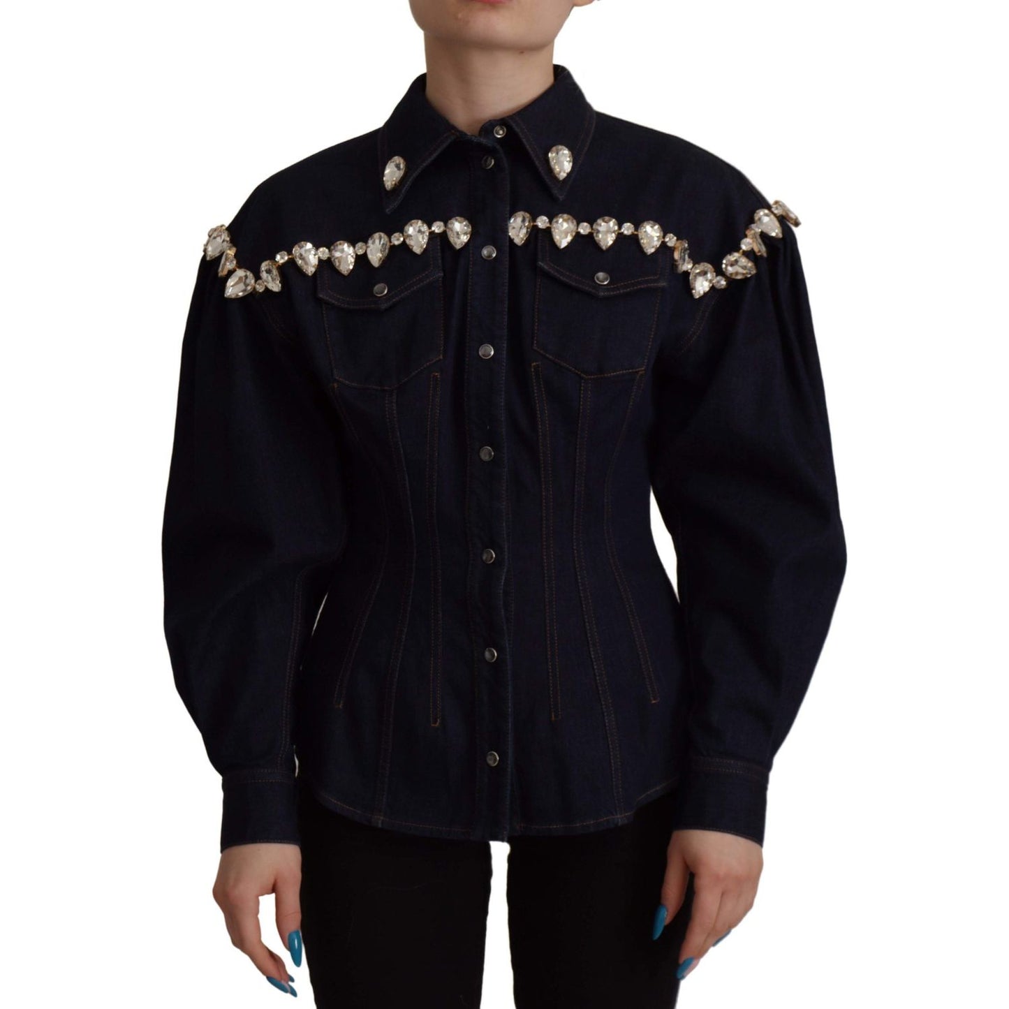Dolce & Gabbana Blue Denim Crystal Embellish Cotton Jacket 1728,2% Elastane (stretch),67345645728,Blue,Clothing,Denim Jackets - Jackets & Coats - Clothing,Dolce & Gabbana,IT36|XXS,IT38 | XS,IT46|XL,Jackets & Coats - Clothing,Jackets & Coats - Women - Clot