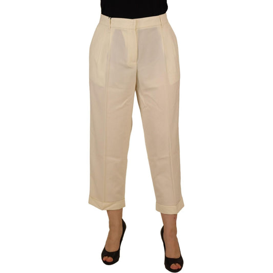 Dolce & Gabbana Ivory High Waist Cropped Folded Hem Trousers Pants 1728,67345645728,Clothing,Cropped Pants - Pants - Clothing,Dolce & Gabbana,IT50 | XXL,Jeans & Pants - Women - Clothing,Material: 97% Virgin Wool 3% Elastane,New with tags,Pants - Clothing,