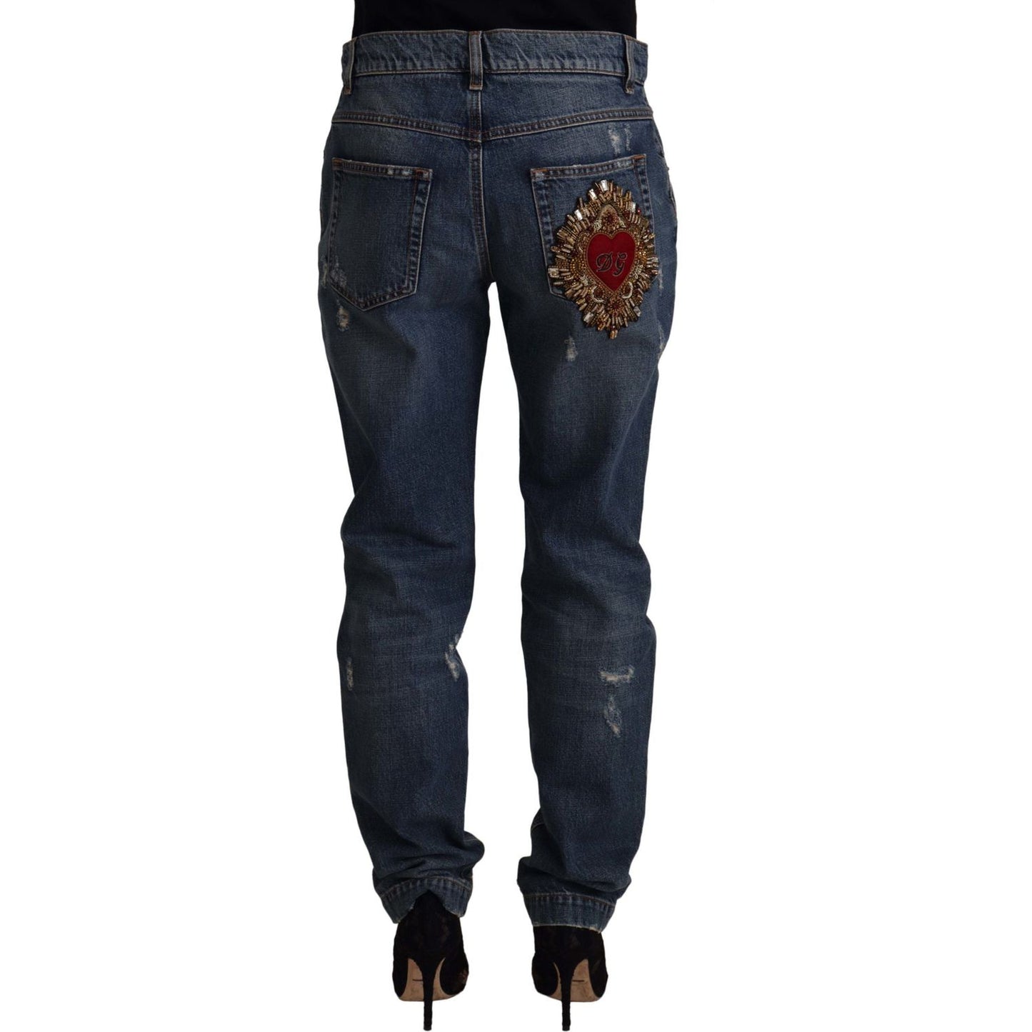 Dolce & Gabbana Blue Denim Baroque Heart Logo Patch Pants Jeans 1728,67345645728,Blue,Clothing,Dolce & Gabbana,IT38|XS,Jeans & Pants - Women - Clothing,Jeans Denim - Clothing,Material: 100% Cotton,New with tags,Relaxed Fit Jeans - Jeans Denim - Clothing,W