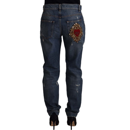 Dolce & Gabbana Blue Denim Baroque Heart Logo Patch Pants Jeans 1728,67345645728,Blue,Clothing,Dolce & Gabbana,IT38|XS,Jeans & Pants - Women - Clothing,Jeans Denim - Clothing,Material: 100% Cotton,New with tags,Relaxed Fit Jeans - Jeans Denim - Clothing,W