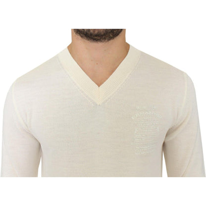 Ermanno Scervino Off White Wool Blend V-neck Pullover Sweater Ermanno Scervino
