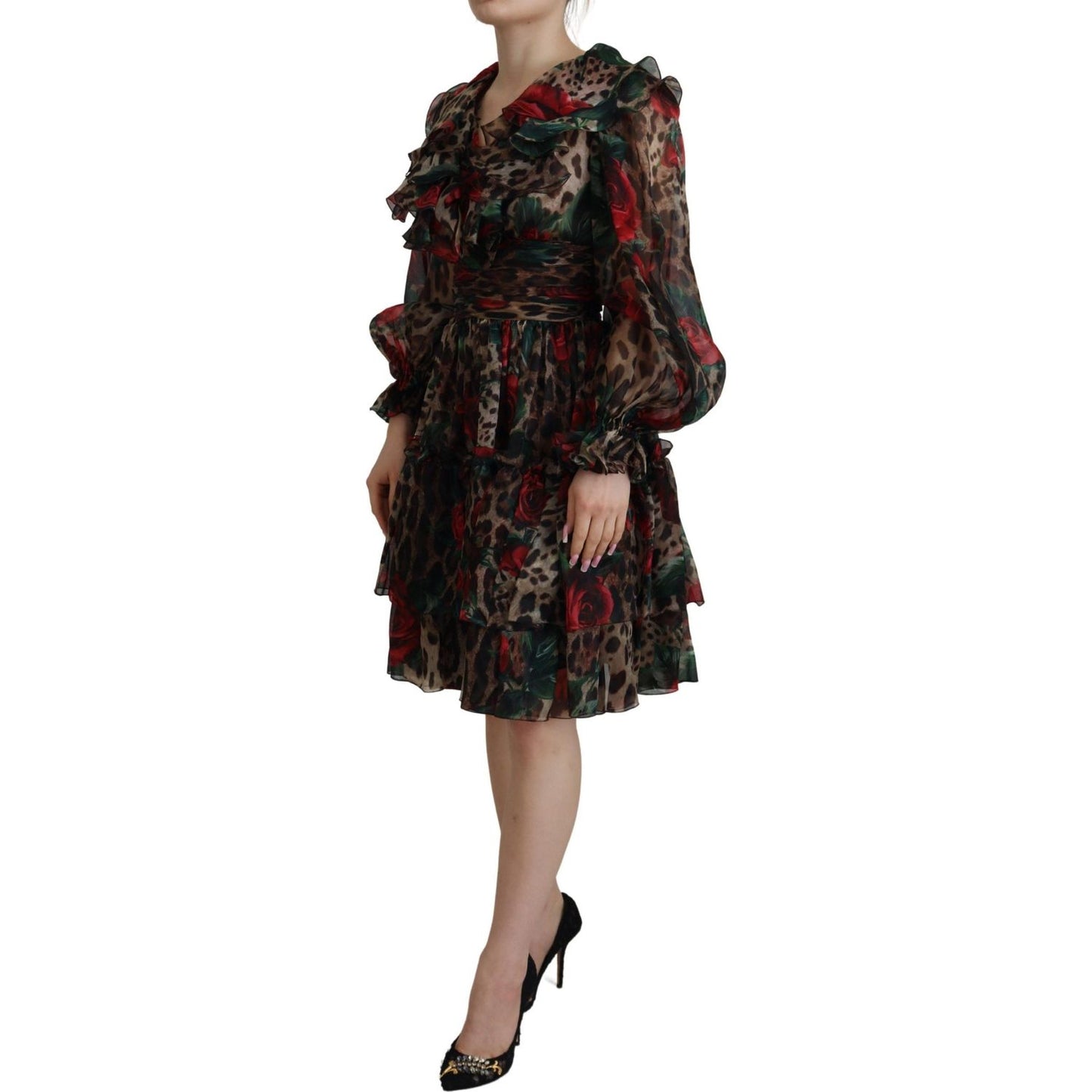 Dolce & Gabbana Silk Leopard Print & Red Roses Dress WOMAN DRESSES Dolce & Gabbana