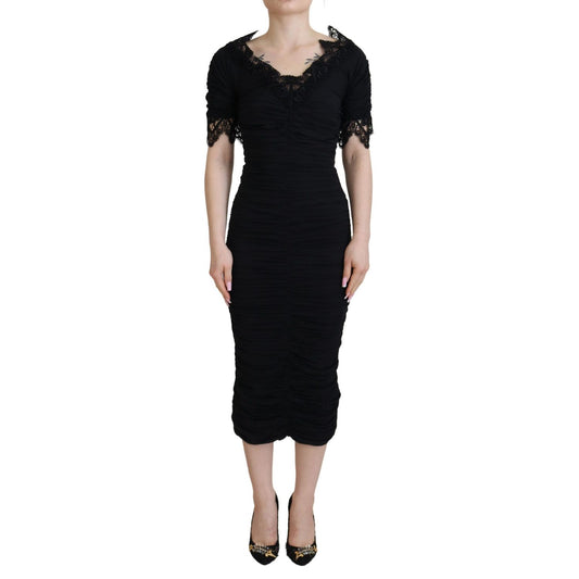 Dolce & Gabbana Black Sheath Midi Bodycon Lace Silk Dress